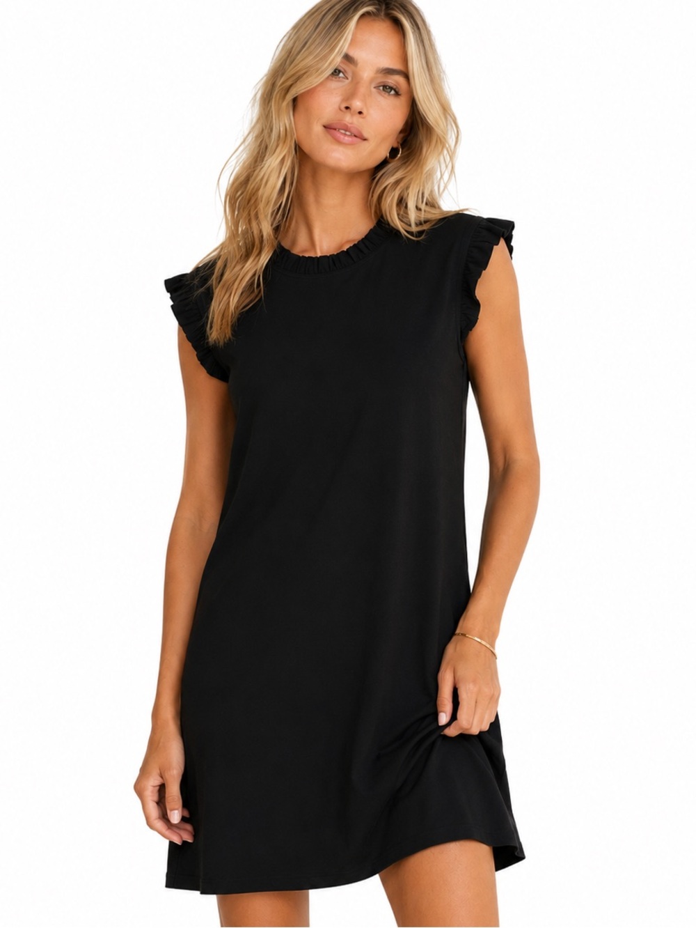 Nicole Miller NY black shift dress Classic Ruffled trim sz M